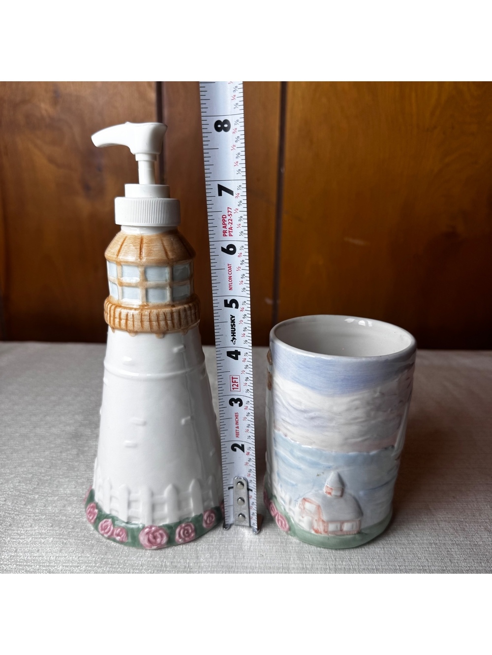 Vintage Ceramic Lighthouse Soap Dispenser And Tumbler Cup Coastal Bathroom Set - Picture 6 of 6